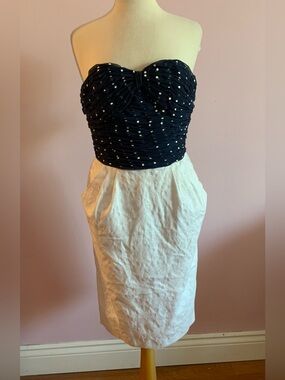 Vintage 80s Strapless Navy Polka Dot & White Dress